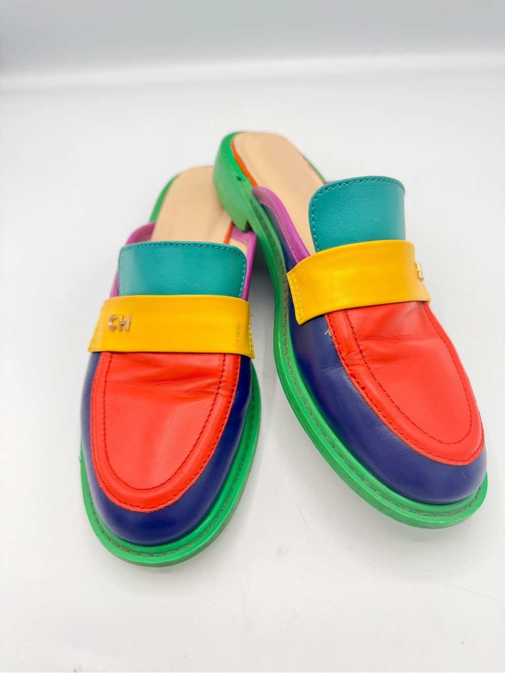 Sansa Costa Colorblock Leather Slip-On Mules in Red, Purple & Green - Picture 3 of 7